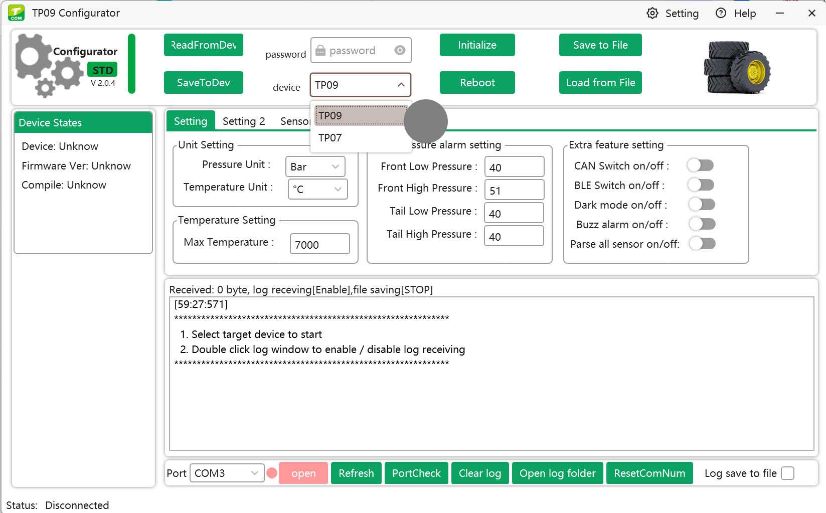 Teltonika GPS tracker with TPMS receiver TP07 via RS232