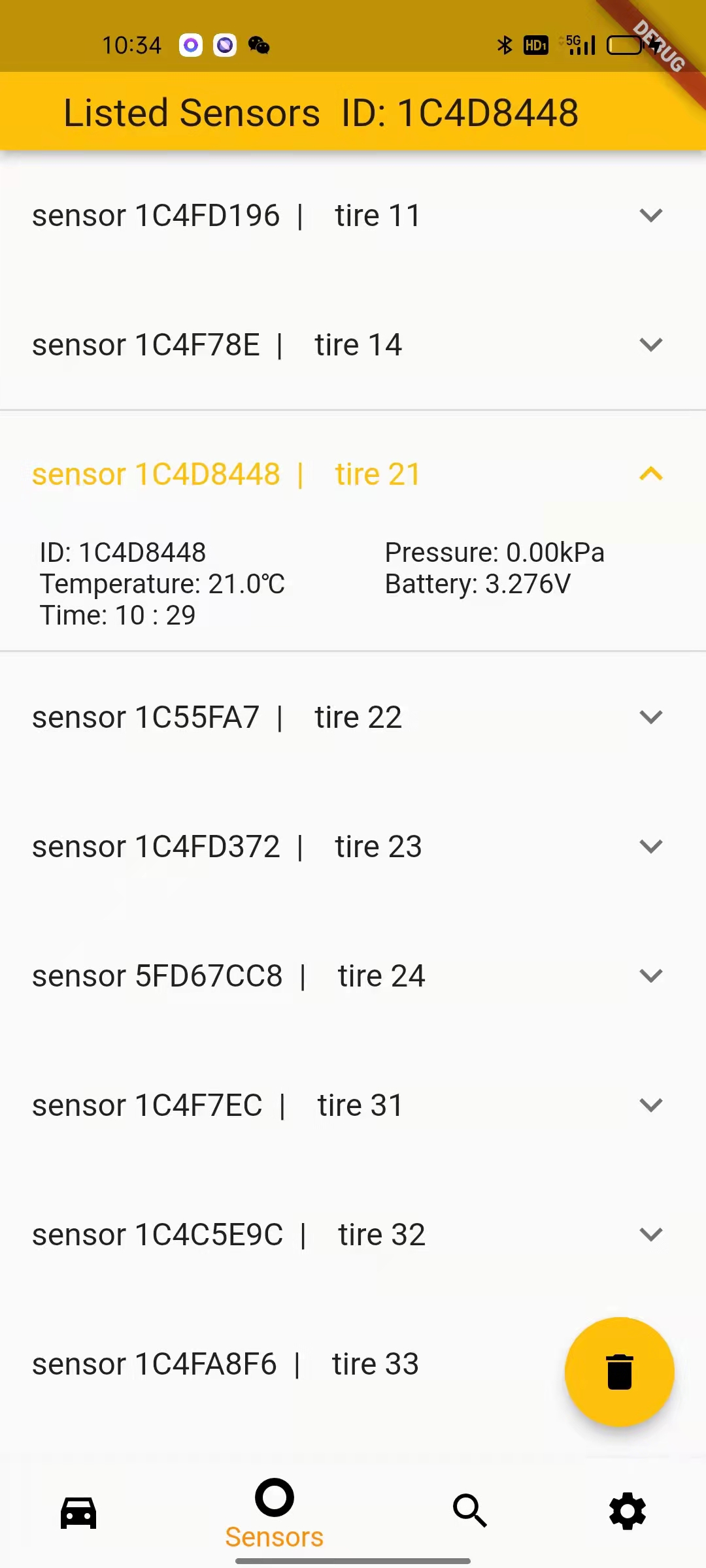 lista de sensores de la aplicación tpms