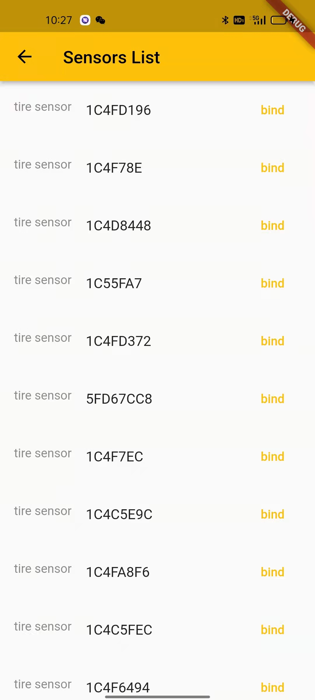 lista de sensores de la aplicación tpms