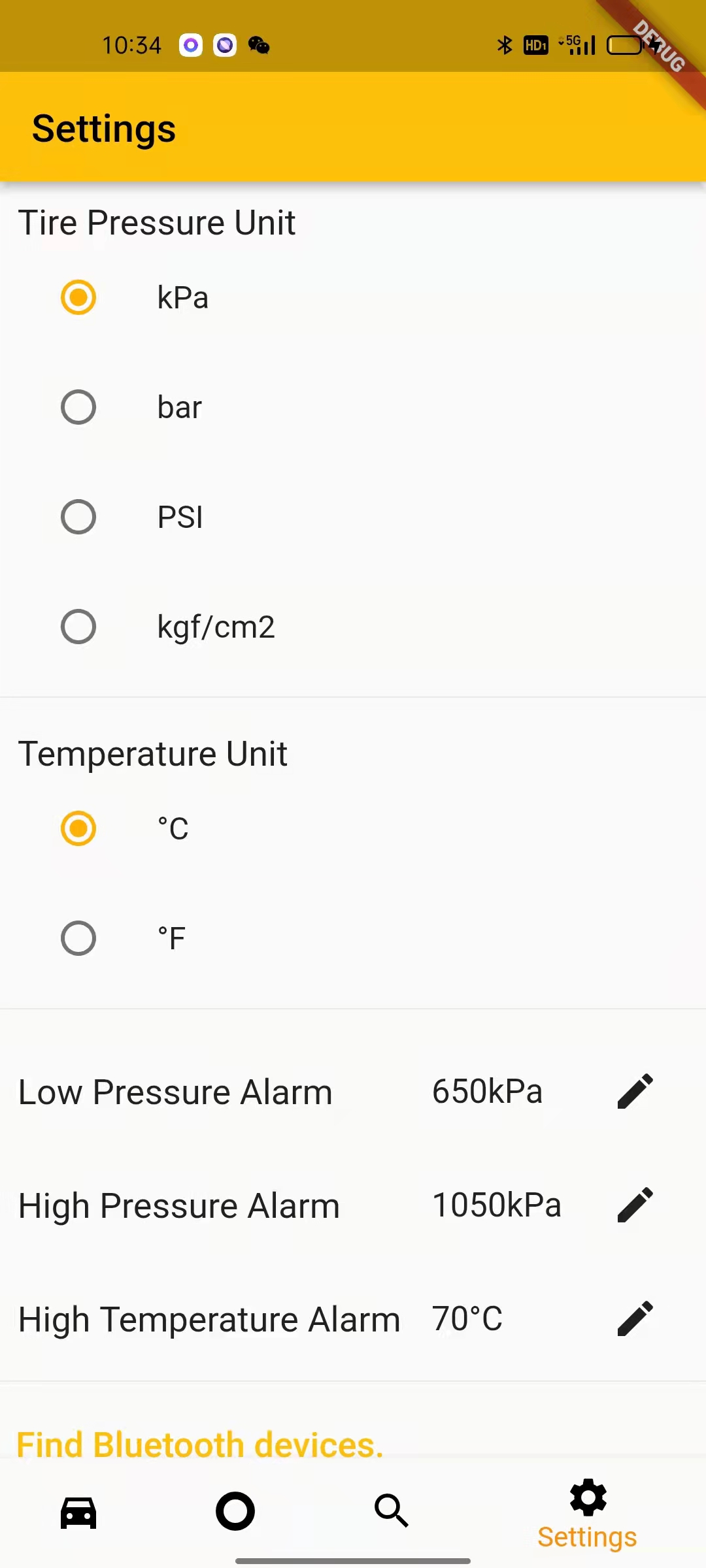 configuración de la aplicación tpms